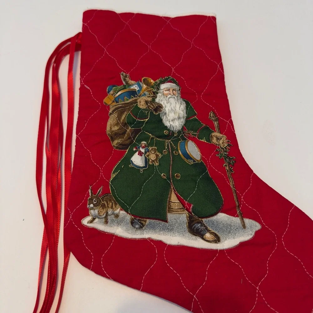 Quilted Christmas Stocking Santa Claus Rabbit Red‎ Ribbon Hanger Holiday Decor